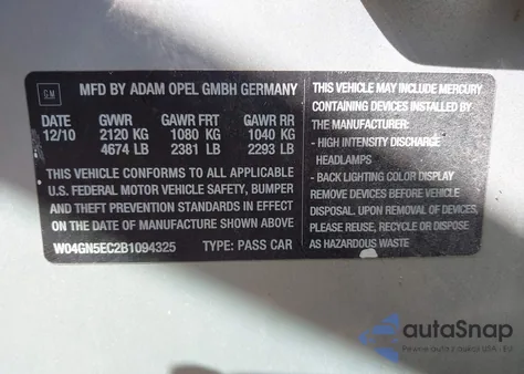 2011 Buick Regal Cxl Russelsheim из США, поврежденный, VIN W04GN5EC2B1094325